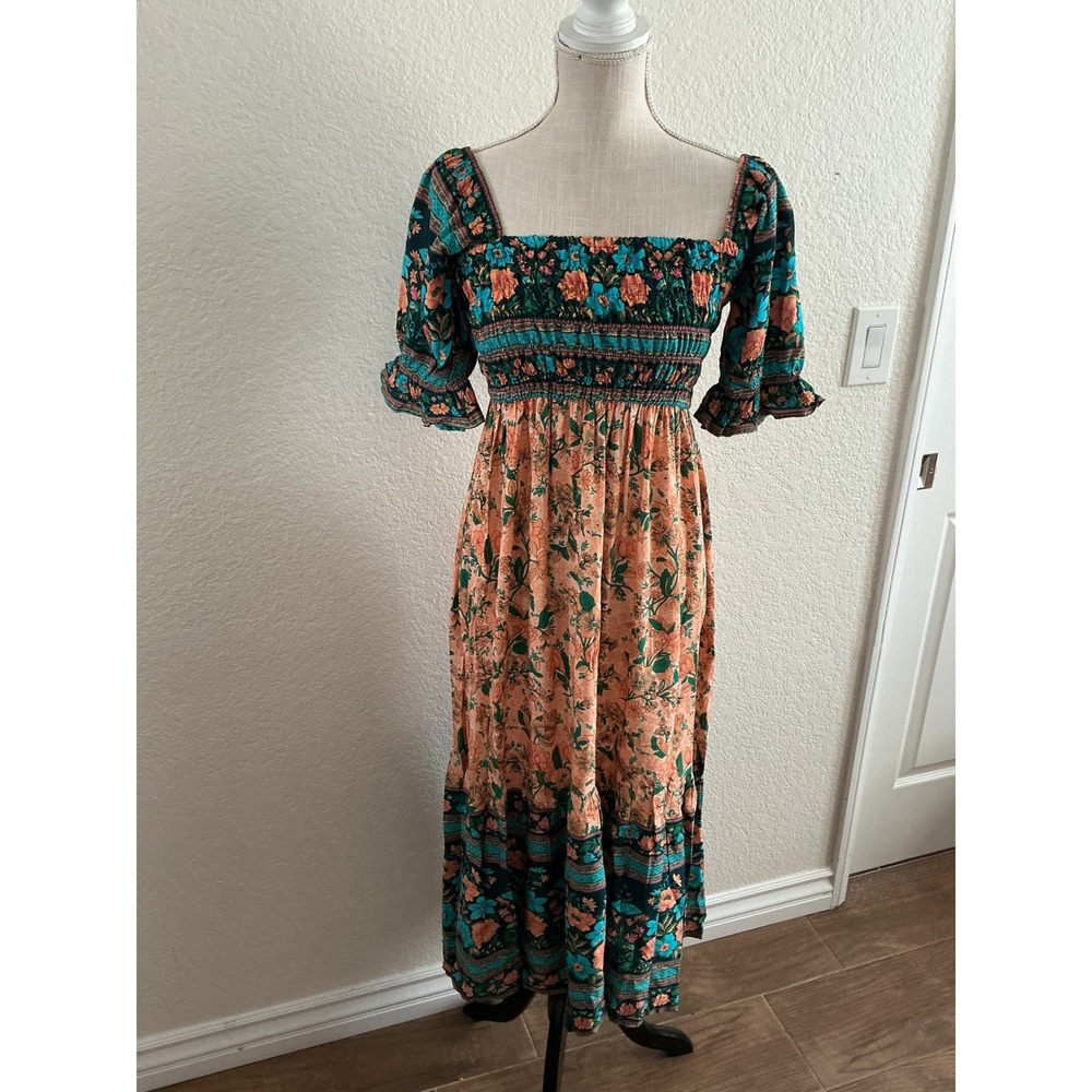 Locryz Floral Smocked Midi Dress Size M Boho Puff Sleeve Square Neck Teal Orange